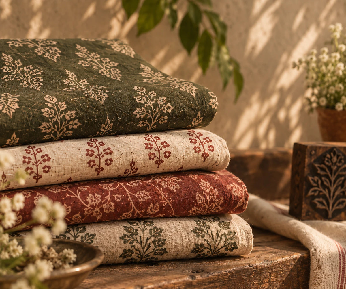 Folded block-printed cotton fabrics
