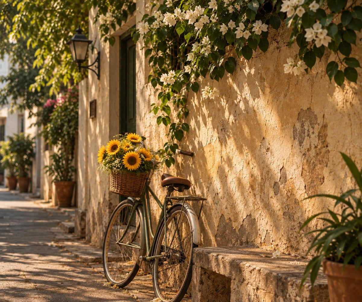 A bicycle with sunflowers in its basket against a sunlit wall