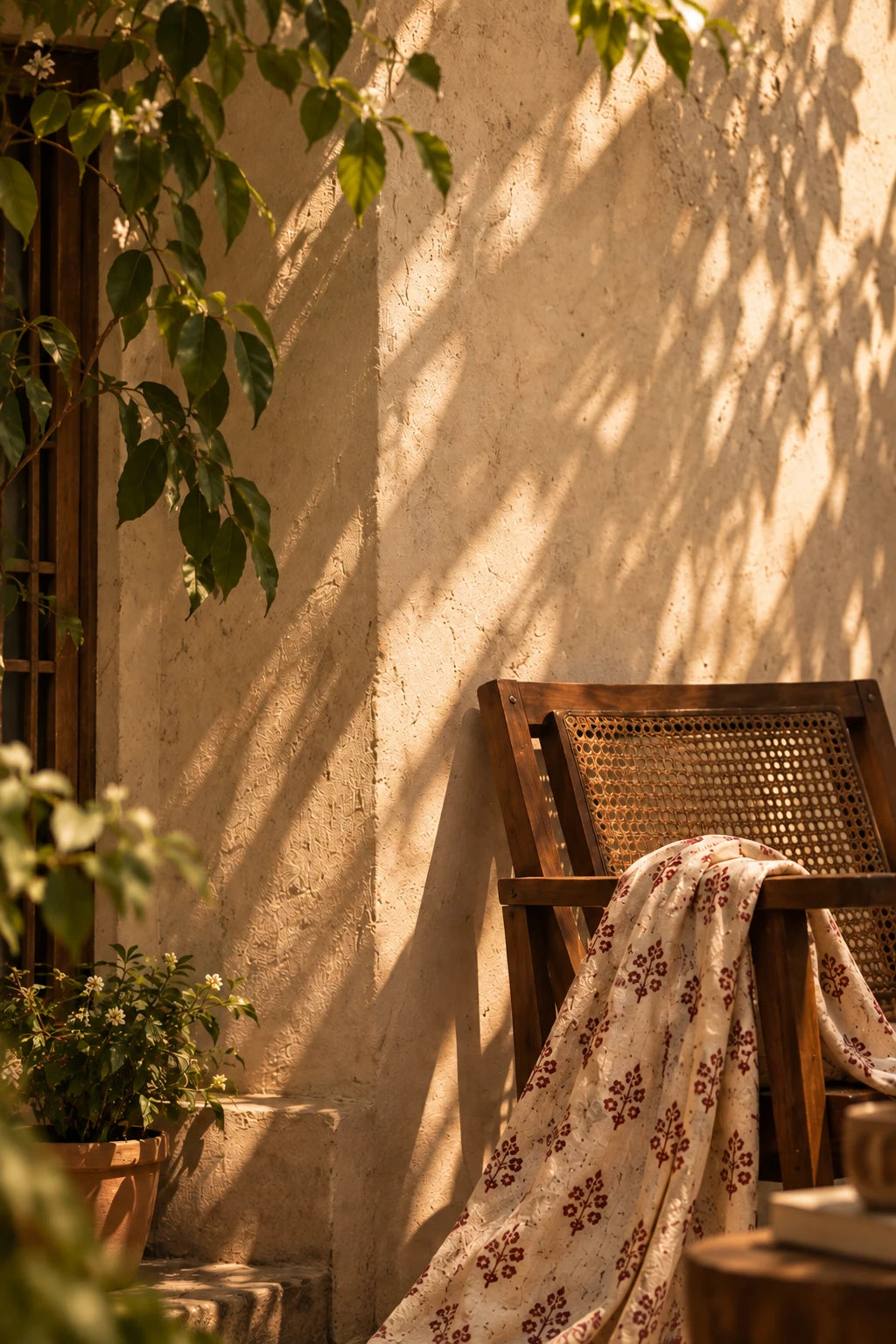 A block-printed stole on a cane chair against a sunlit wall