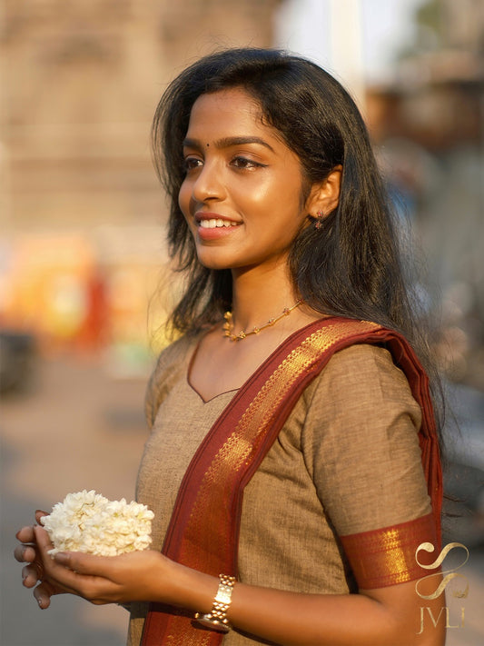 Sand Beige & Maroon Mangalagiri 3-Piece Set