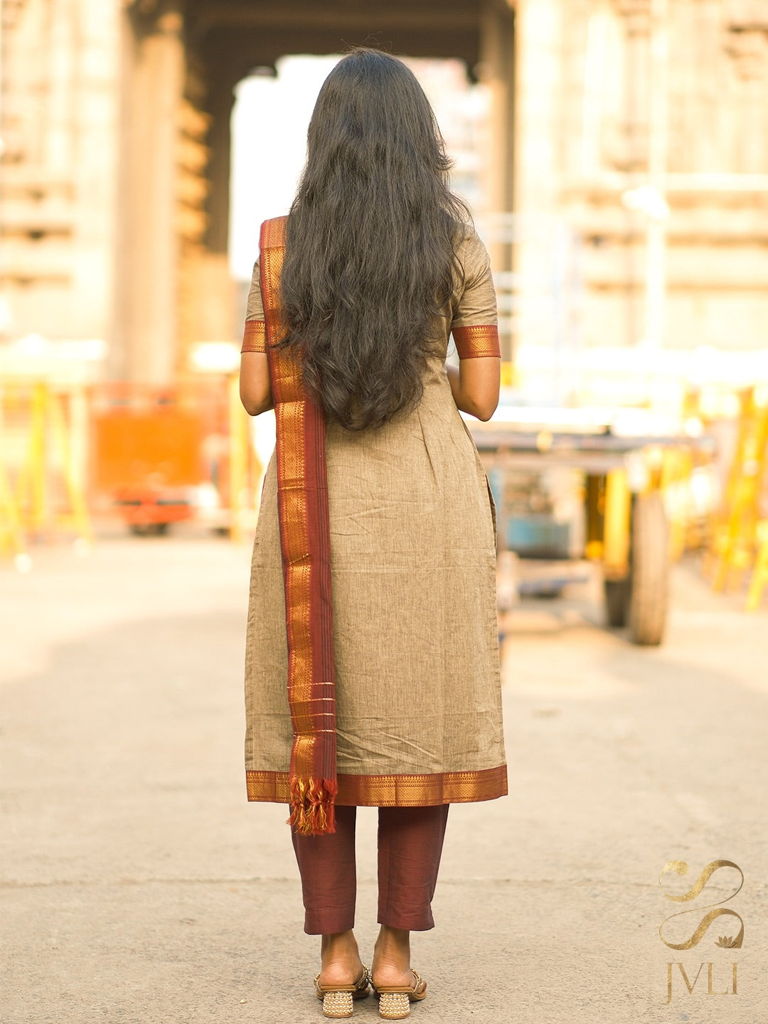 Sand Beige & Maroon Mangalagiri 3-Piece Set