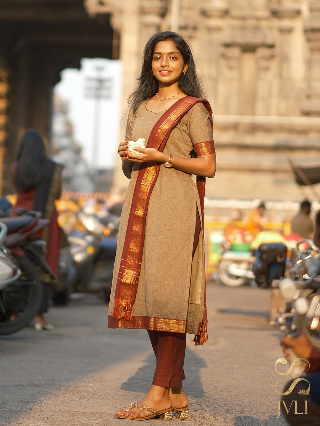 Sand Beige & Maroon Mangalagiri 3-Piece Set