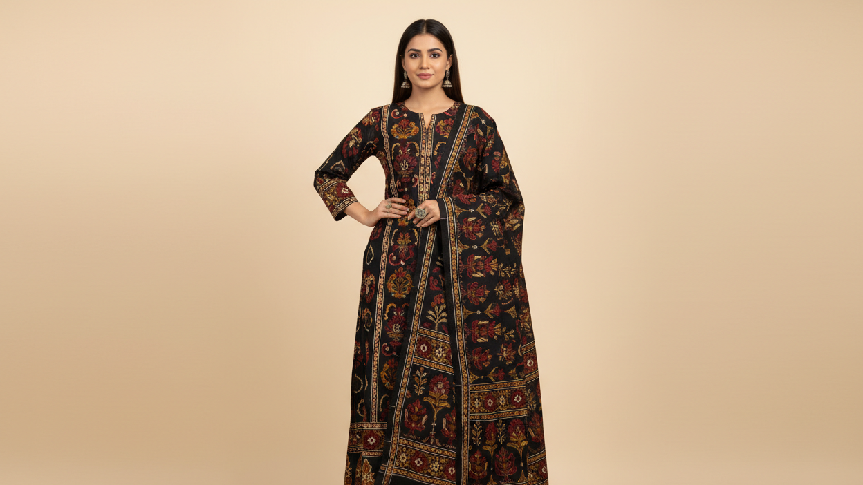 a female model wearing a black kalamkari kurthi with dupatta