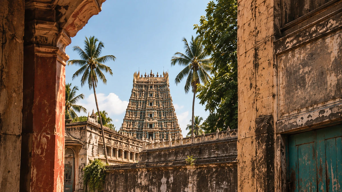 Temple gopuram between palm trees in Tamil Nadu