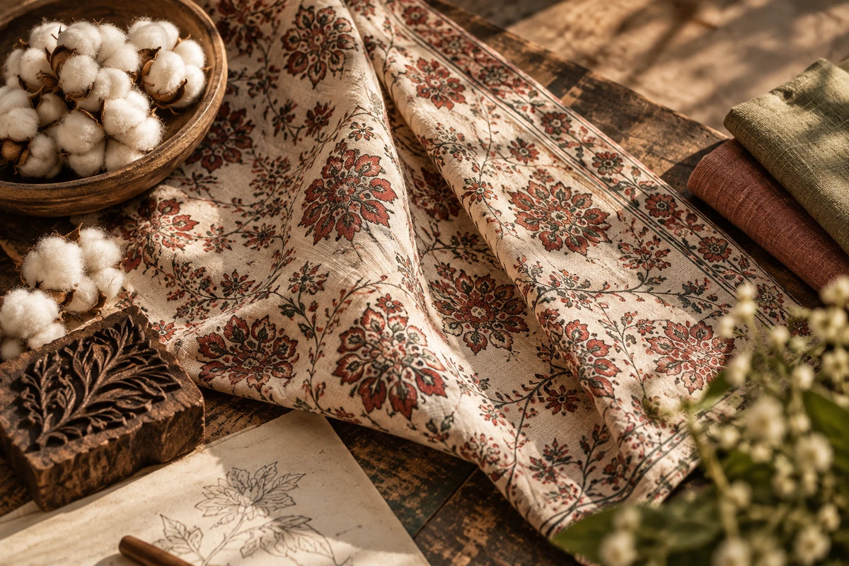 Folds of cream cotton with a red floral block print