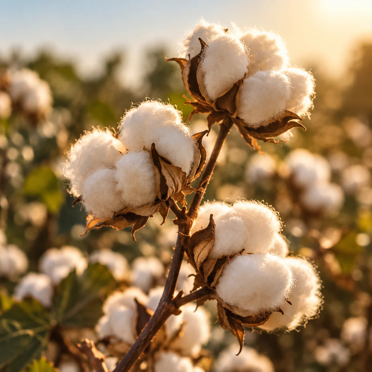 Open cotton bolls on the branch in warm evening light
