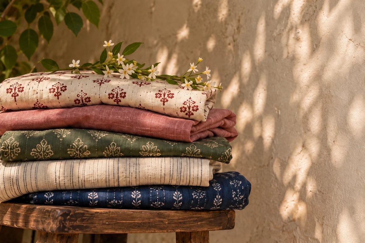 Folded block-printed and handloom fabrics