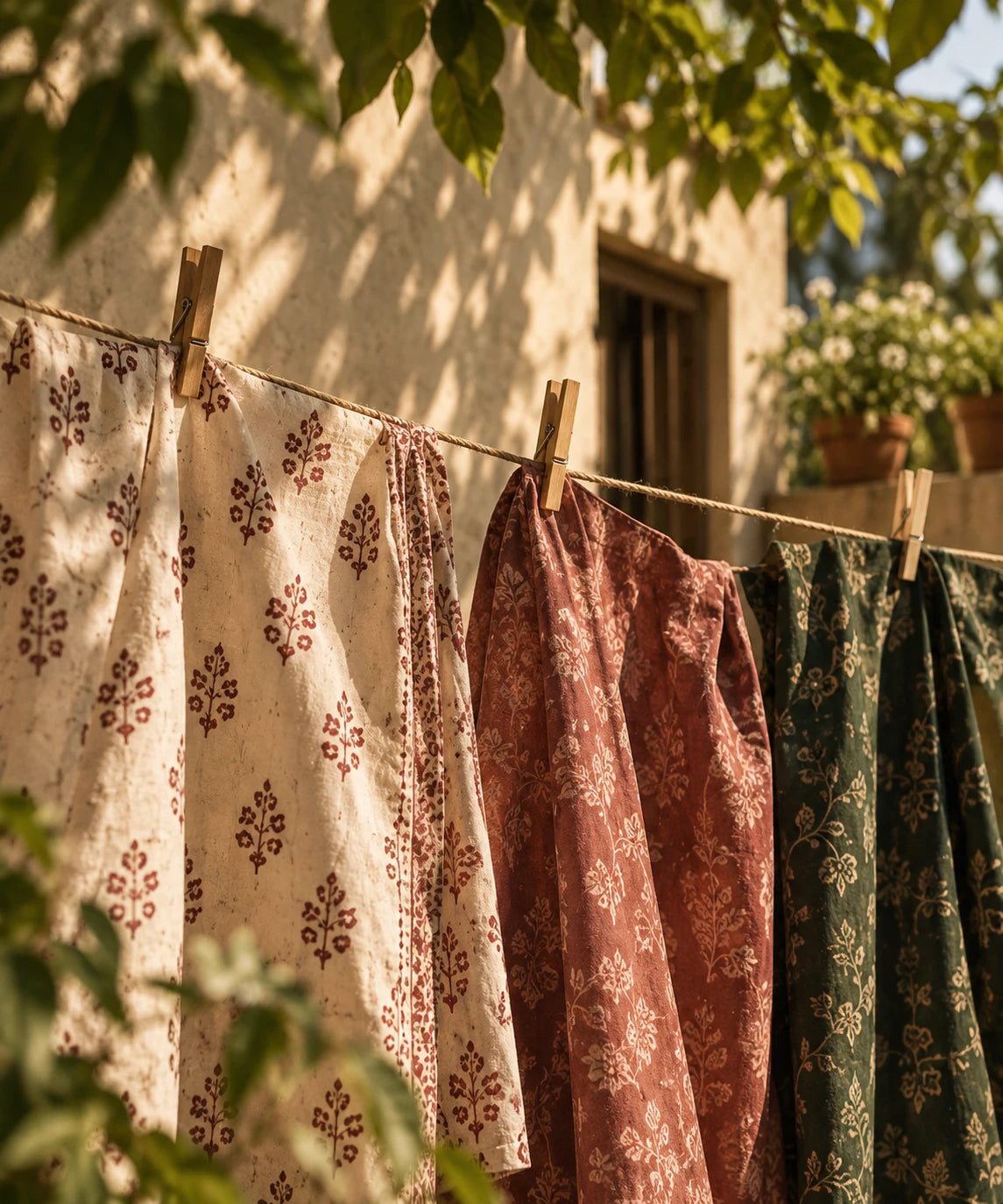 Block-printed cotton drying on a line