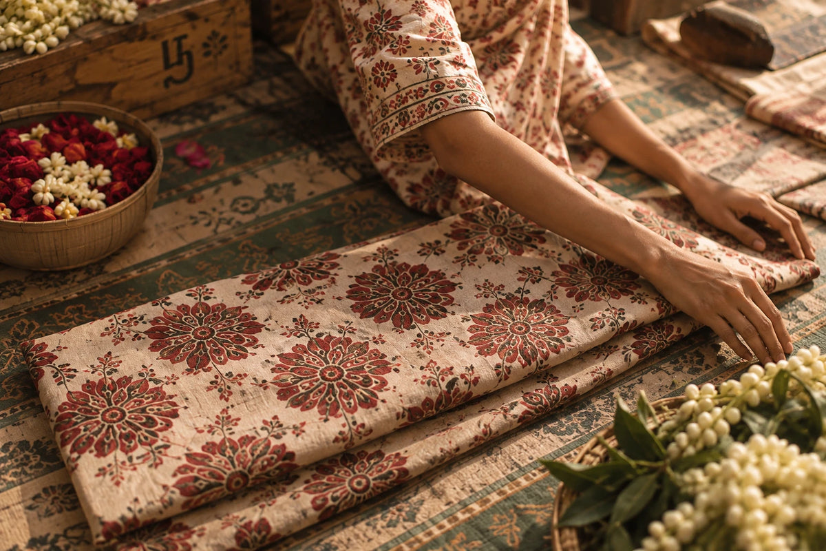 Printed cotton fabric with jasmine flowers